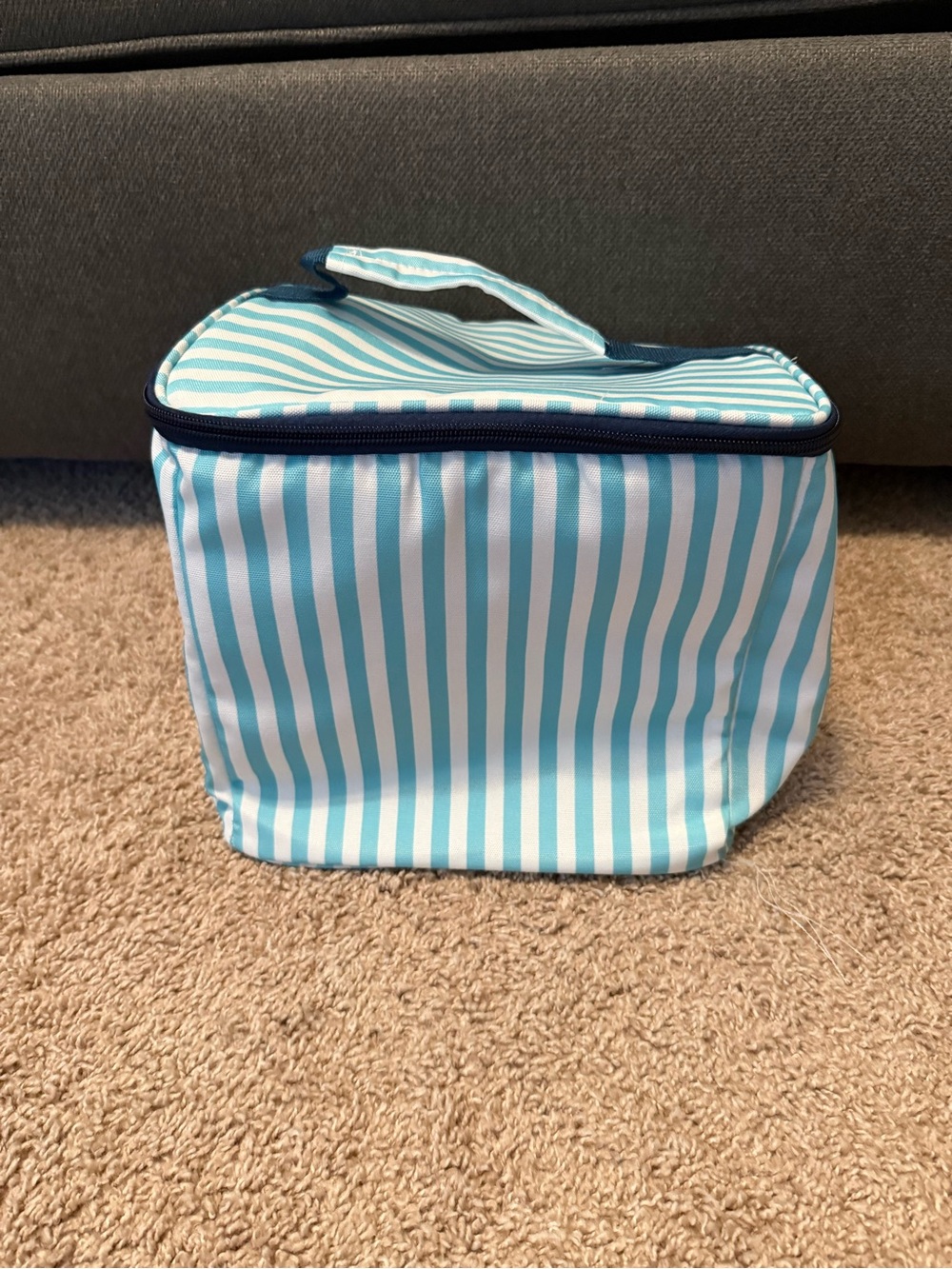 Striped Teal and White Lunch Cooler Insulated Tote with Handle